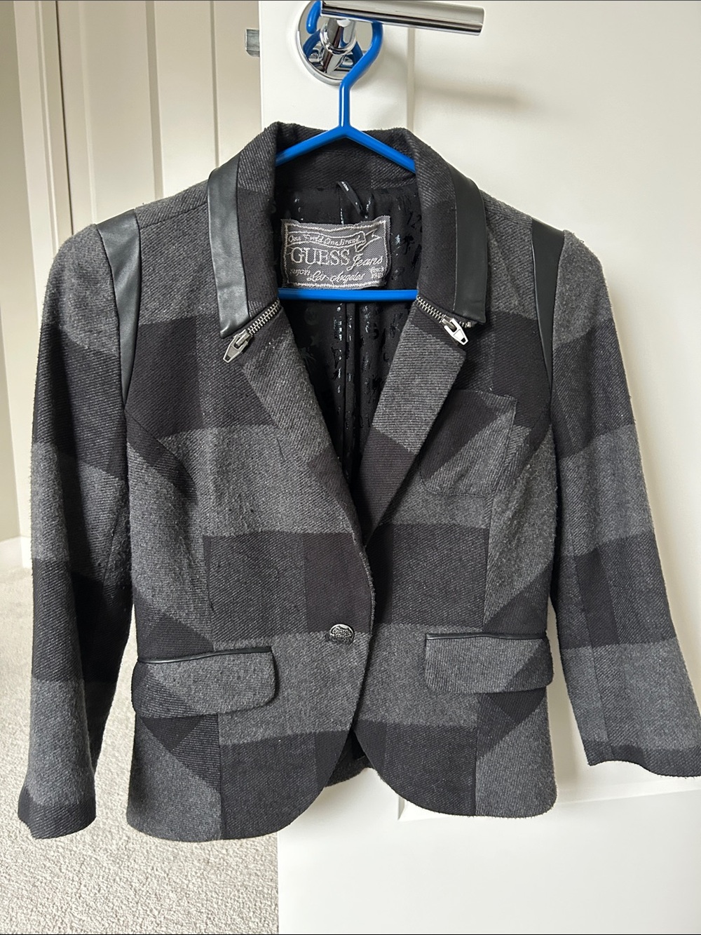 Guess Women's Gray and Black Check Blazer with Faux Leather Trim
